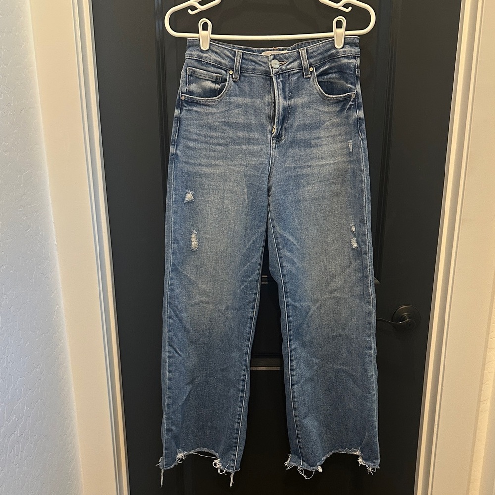 Stylish Blue Distressed Wide Crop Leg Jeans